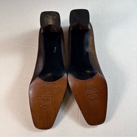 Stuart Weitzman Brown Lamé Dark Rhinestone Accent Block Heel Slip On Pumps 7.5B - Picture 11 of 14